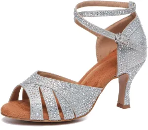 JUODVMP Women's Latin Dance Shoes Cutout Satin Ballroom Salsa Practice Dancing Shoes with Rhinestones,L549