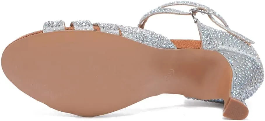 JUODVMP Women's Latin Dance Shoes Cutout Satin Ballroom Salsa Practice Dancing Shoes with Rhinestones,L549