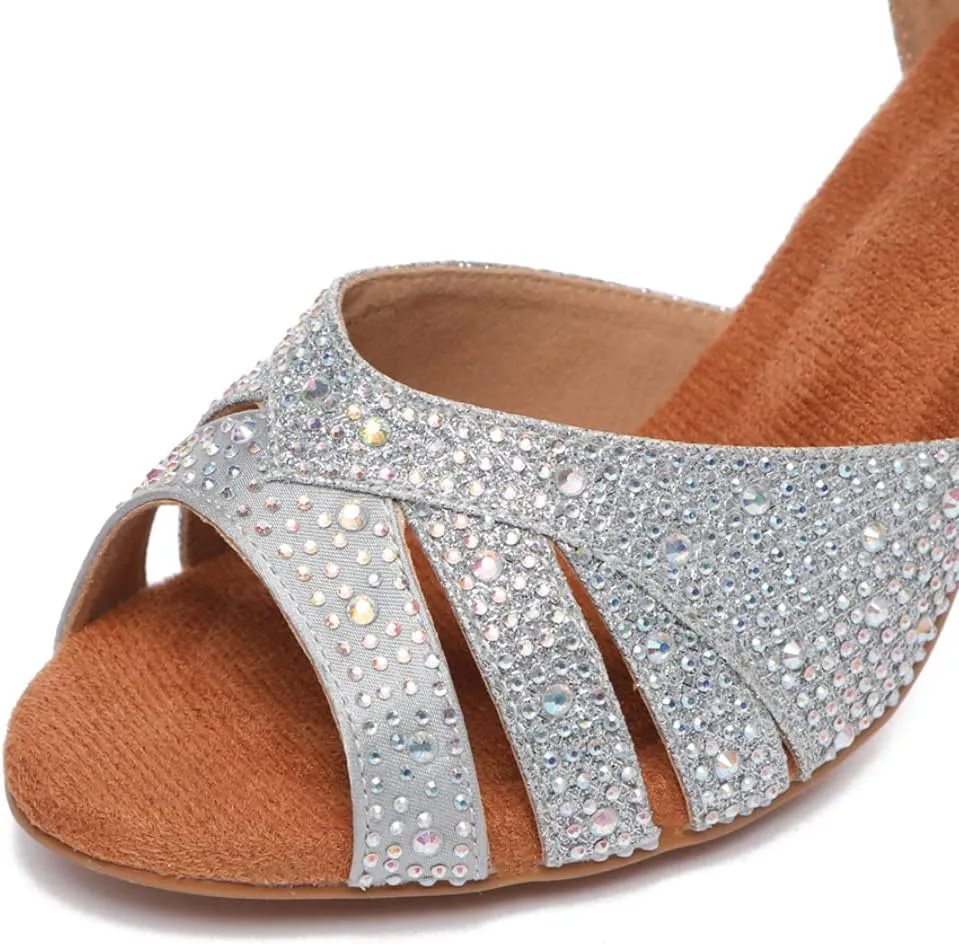 JUODVMP Women's Latin Dance Shoes Cutout Satin Ballroom Salsa Practice Dancing Shoes with Rhinestones,L549