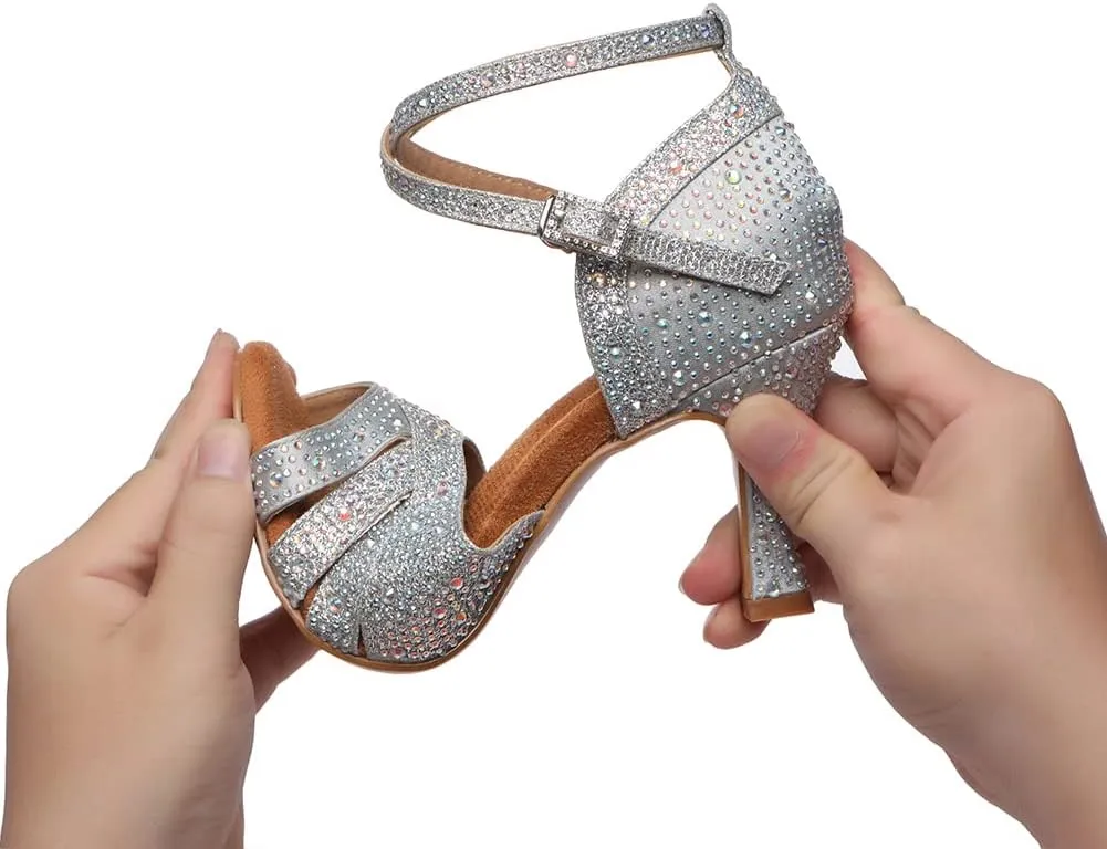 JUODVMP Women's Latin Dance Shoes Cutout Satin Ballroom Salsa Practice Dancing Shoes with Rhinestones,L549