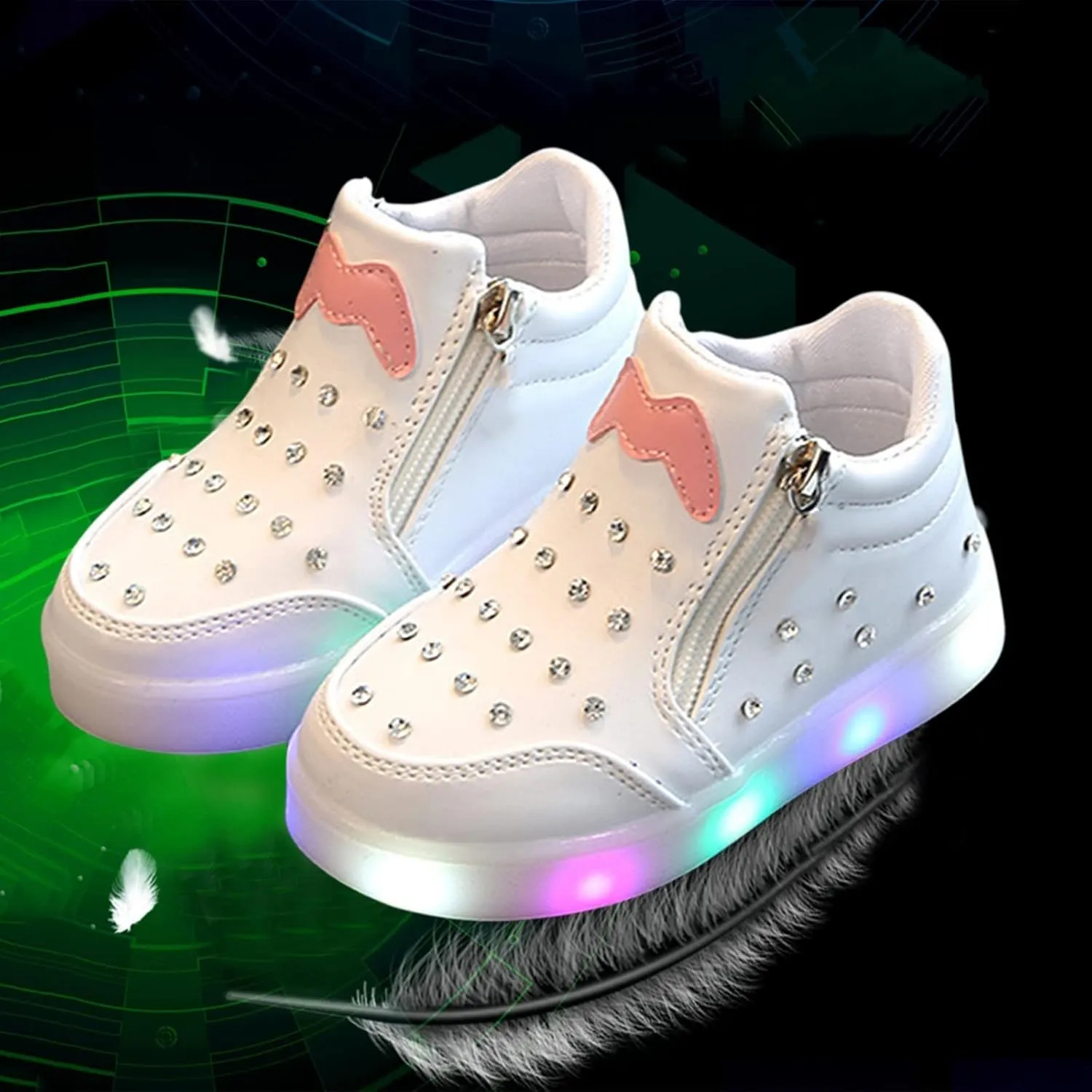 Kids Girls High Top Led Boots Diamond ??mbellished Anti-slip Sole Shoes Toddler Zipper Light up Snow Boots