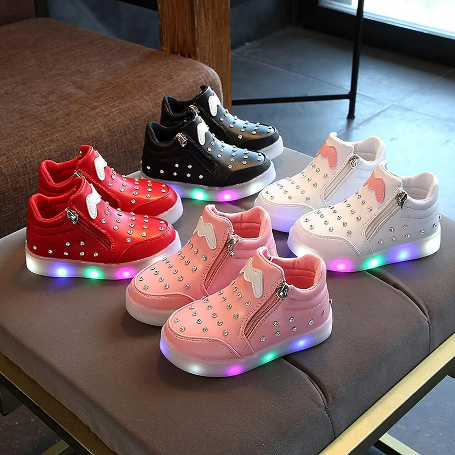 Kids Girls High Top Led Boots Diamond ??mbellished Anti-slip Sole Shoes Toddler Zipper Light up Snow Boots