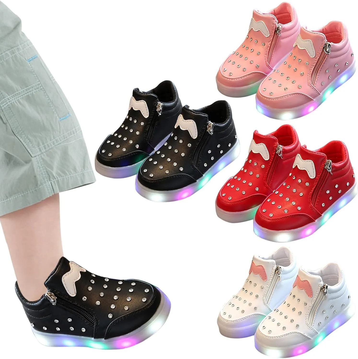 Kids Girls High Top Led Boots Diamond ??mbellished Anti-slip Sole Shoes Toddler Zipper Light up Snow Boots