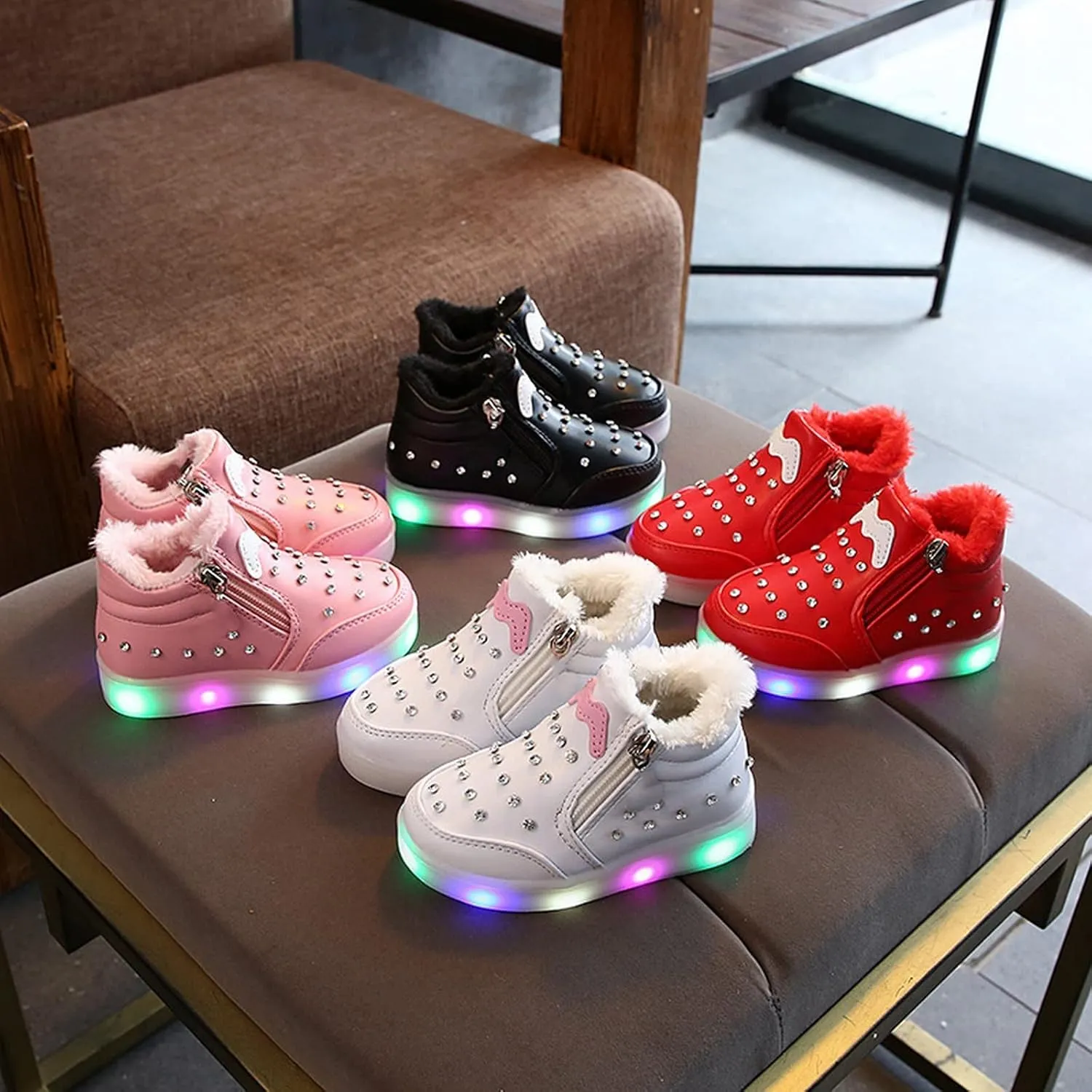 Kids Girls High Top Led Boots Diamond ??mbellished Anti-slip Sole Shoes Toddler Zipper Light up Snow Boots