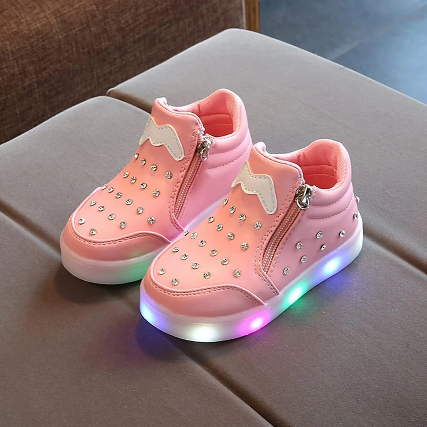 Kids Girls High Top Led Boots Diamond ??mbellished Anti-slip Sole Shoes Toddler Zipper Light up Snow Boots