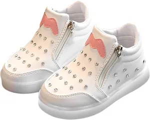 Kids Girls High Top Led Boots Diamond ??mbellished Anti-slip Sole Shoes Toddler Zipper Light up Snow Boots