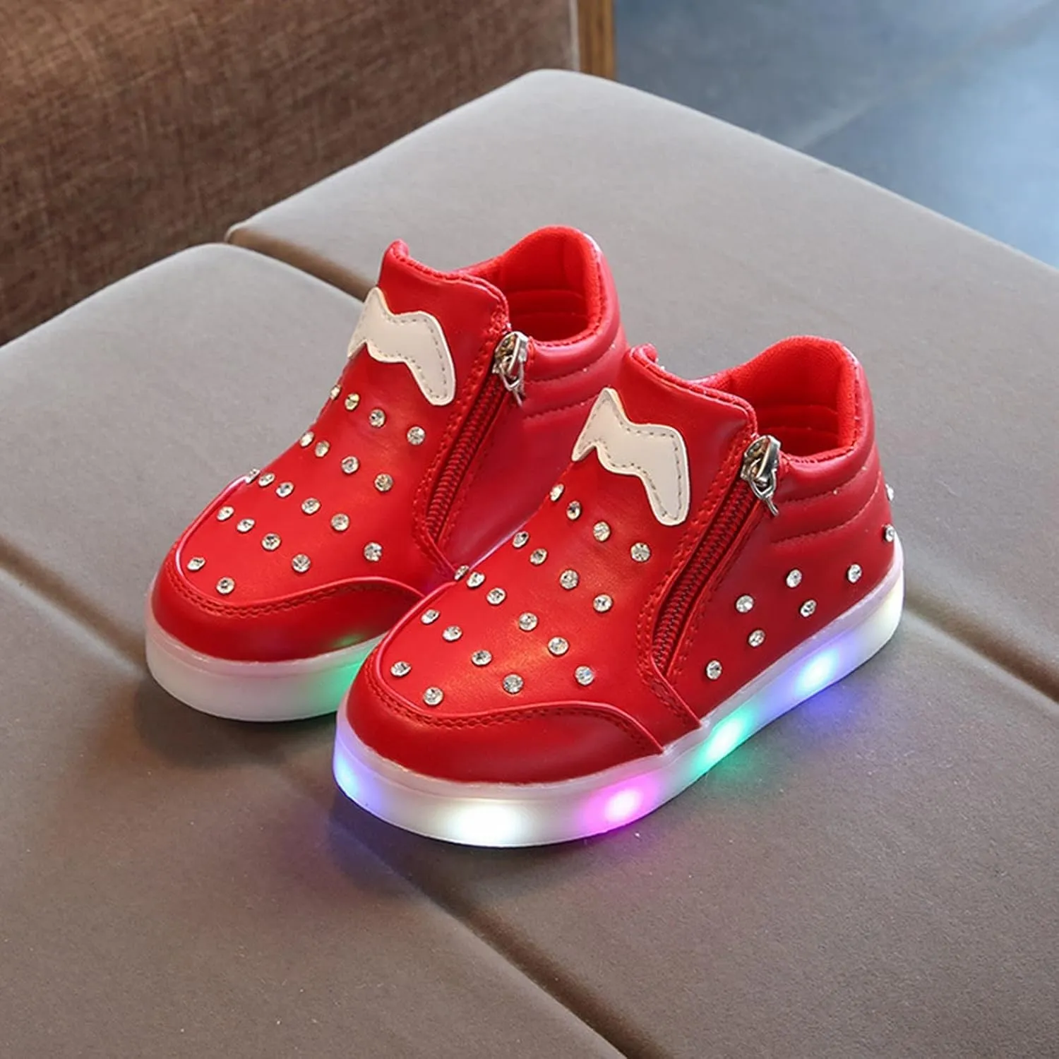 Kids Girls High Top Led Boots Diamond ??mbellished Anti-slip Sole Shoes Toddler Zipper Light up Snow Boots