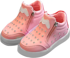 Kids Girls High Top Led Boots Diamond ??mbellished Anti-slip Sole Shoes Toddler Zipper Light up Snow Boots