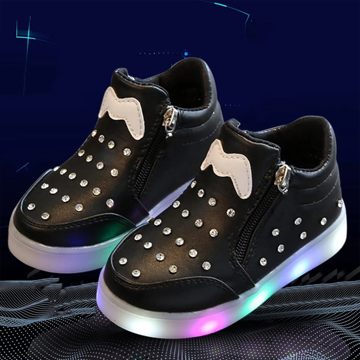 Kids Girls High Top Led Boots Diamond ??mbellished Anti-slip Sole Shoes Toddler Zipper Light up Snow Boots