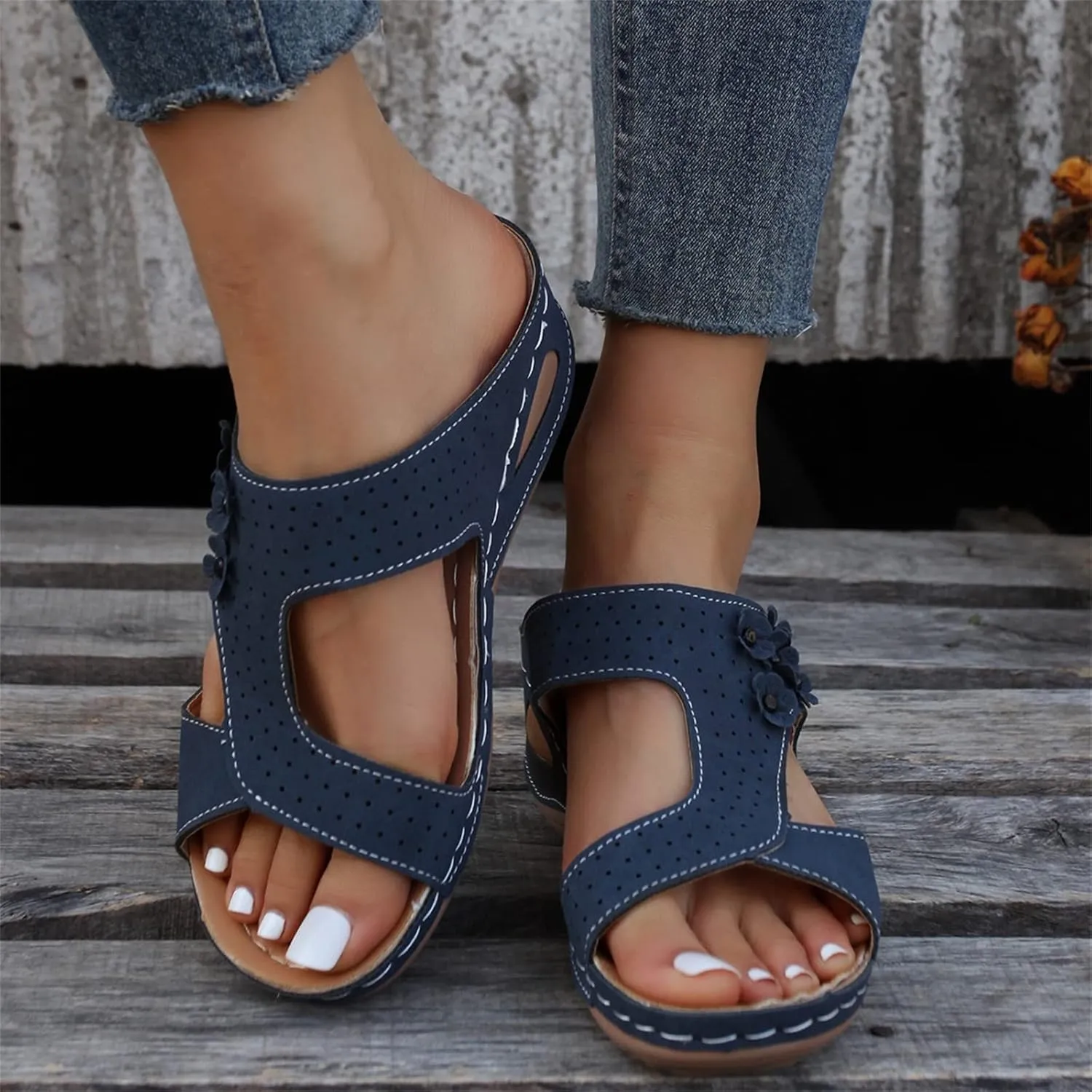 Ladmiple Sandals Women Wedge Low Heel Fashion Orthotic Slides Slip On Flip Flops With Comfort Plantar Fasciitis Arch Support
