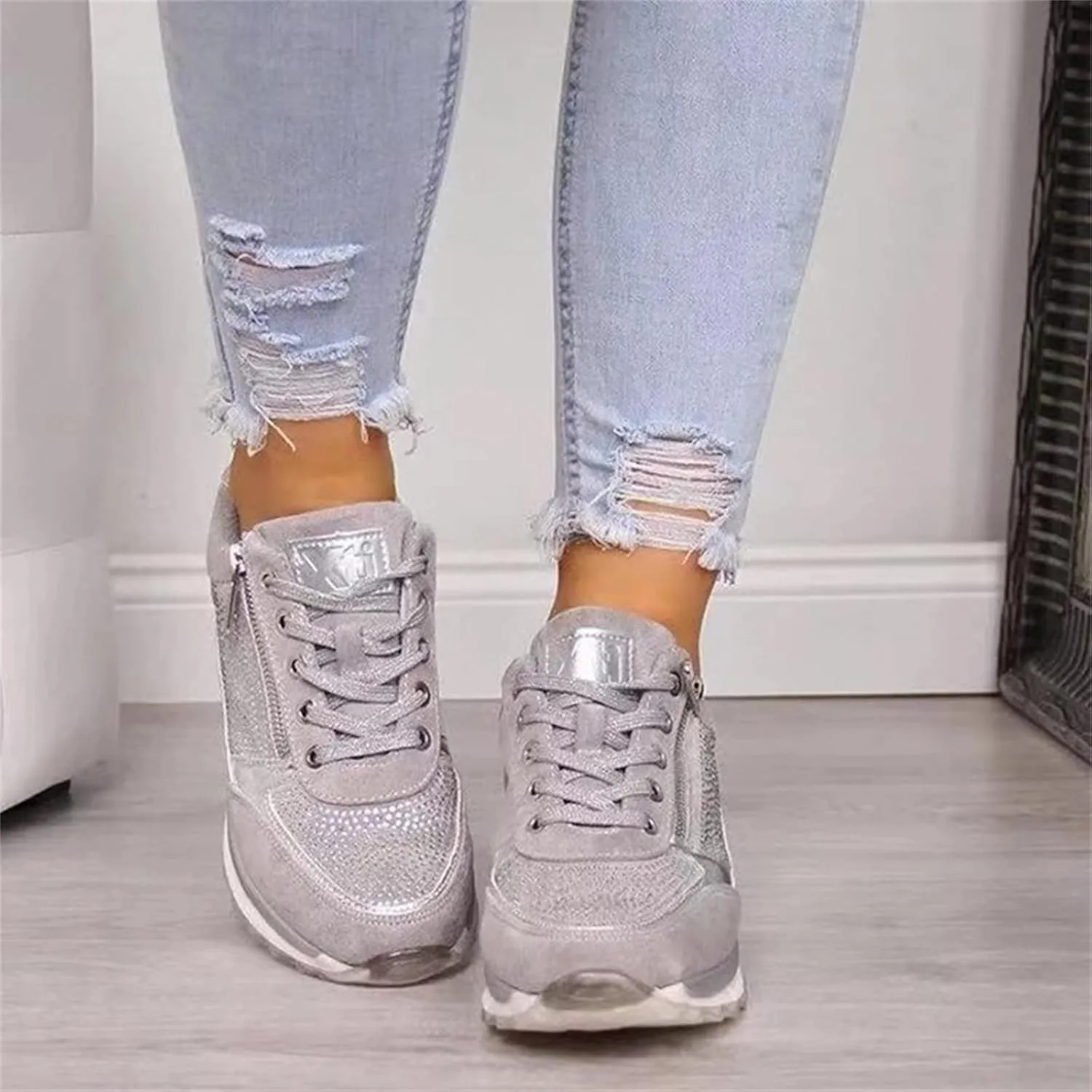 Ladmiple Sneakers For Women Walking Shoes Wide Width Slip on Glitter Shoes Fashion Sparkly Dressy Summer Flats Loafers