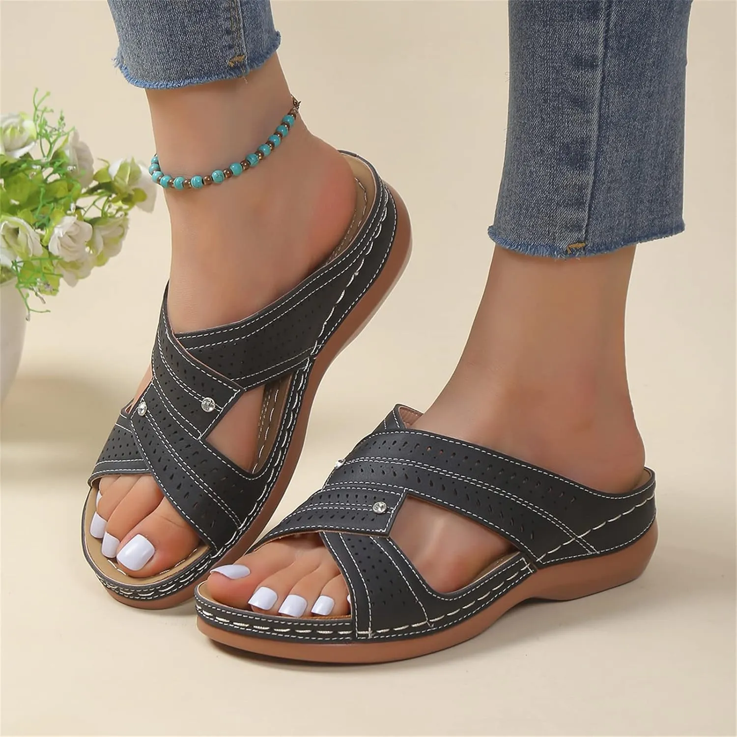 Ladmiple Womens Sandals Dressy Flat Comfortable Orthotic Slides Orthopedic Summer Flip Flops Walking Shoes with Arch Support
