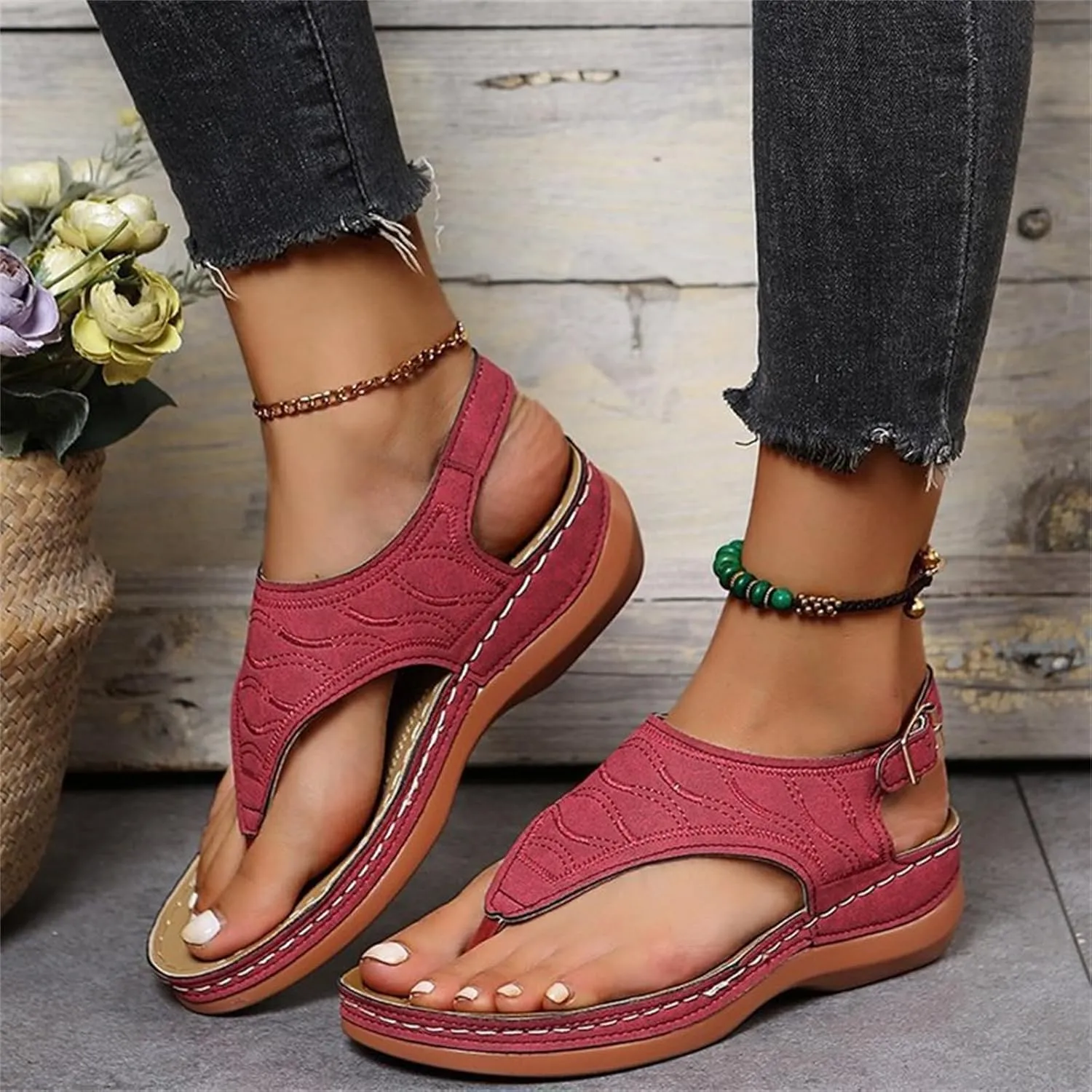 Ladmiple Women's Sandals Wedge Heel Orthotic Slides Comfortable Dressy Summer Orthopedic Thong Flip Flops with Arch Support