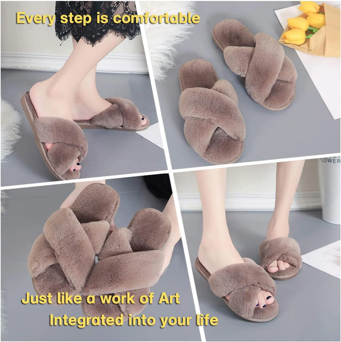LZLER Women??s Cross Band Slippers, Soft Plush Fleece Lightweight Non Slip Open Toe Flip Flop Shoes House Indoor Outdoor Fur Fuzzy Slippers