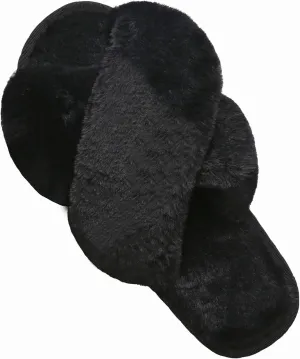 LZLER Women??s Cross Band Slippers, Soft Plush Fleece Lightweight Non Slip Open Toe Flip Flop Shoes House Indoor Outdoor Fur Fuzzy Slippers