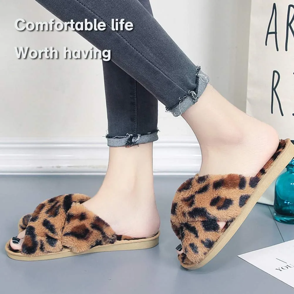 LZLER Women??s Cross Band Slippers, Soft Plush Fleece Lightweight Non Slip Open Toe Flip Flop Shoes House Indoor Outdoor Fur Fuzzy Slippers