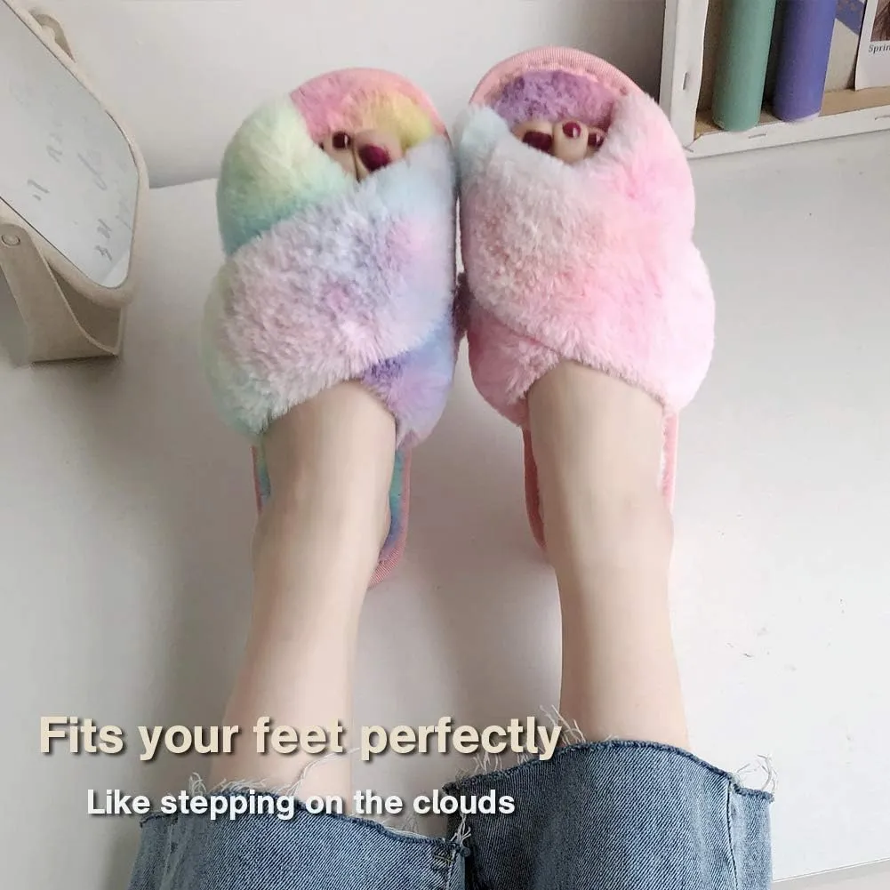 LZLER Women??s Cross Band Slippers, Soft Plush Fleece Lightweight Non Slip Open Toe Flip Flop Shoes House Indoor Outdoor Fur Fuzzy Slippers