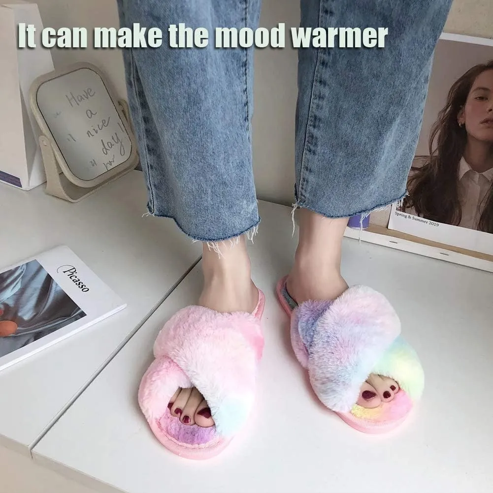 LZLER Women??s Cross Band Slippers, Soft Plush Fleece Lightweight Non Slip Open Toe Flip Flop Shoes House Indoor Outdoor Fur Fuzzy Slippers