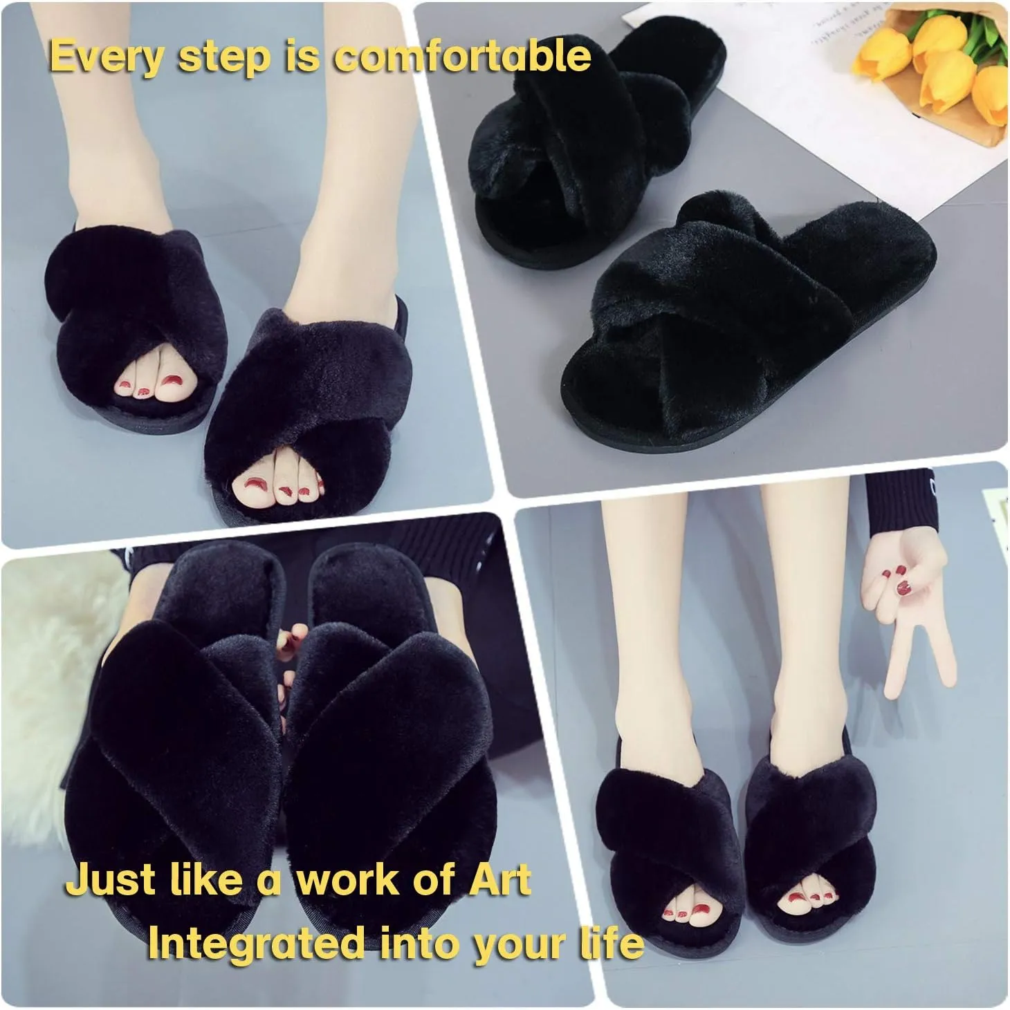 LZLER Women??s Cross Band Slippers, Soft Plush Fleece Lightweight Non Slip Open Toe Flip Flop Shoes House Indoor Outdoor Fur Fuzzy Slippers