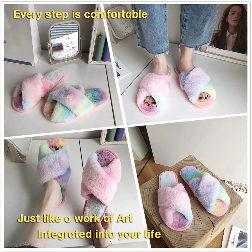 LZLER Women??s Cross Band Slippers, Soft Plush Fleece Lightweight Non Slip Open Toe Flip Flop Shoes House Indoor Outdoor Fur Fuzzy Slippers