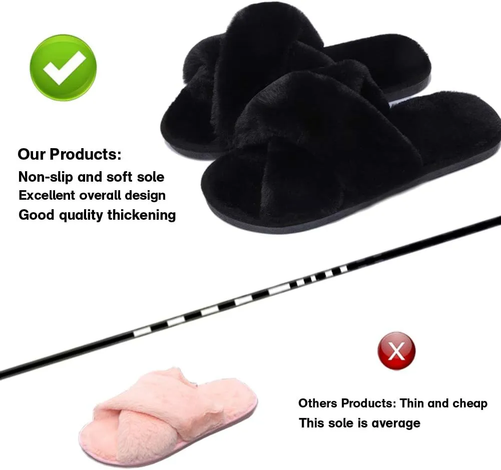 LZLER Women??s Cross Band Slippers, Soft Plush Fleece Lightweight Non Slip Open Toe Flip Flop Shoes House Indoor Outdoor Fur Fuzzy Slippers
