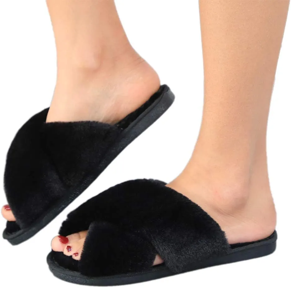 LZLER Women??s Cross Band Slippers, Soft Plush Fleece Lightweight Non Slip Open Toe Flip Flop Shoes House Indoor Outdoor Fur Fuzzy Slippers