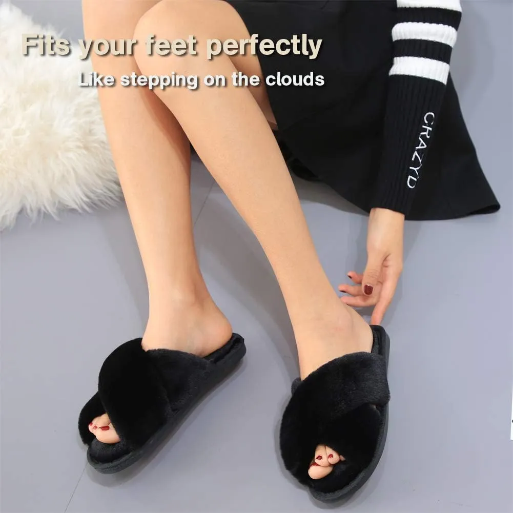 LZLER Women??s Cross Band Slippers, Soft Plush Fleece Lightweight Non Slip Open Toe Flip Flop Shoes House Indoor Outdoor Fur Fuzzy Slippers