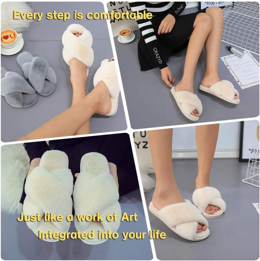 LZLER Women??s Cross Band Slippers, Soft Plush Fleece Lightweight Non Slip Open Toe Flip Flop Shoes House Indoor Outdoor Fur Fuzzy Slippers