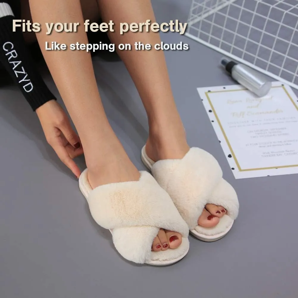 LZLER Women??s Cross Band Slippers, Soft Plush Fleece Lightweight Non Slip Open Toe Flip Flop Shoes House Indoor Outdoor Fur Fuzzy Slippers