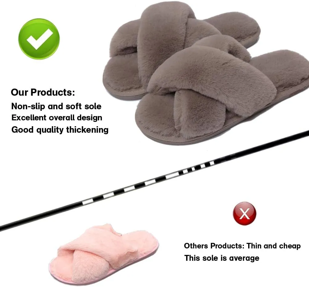 LZLER Women??s Cross Band Slippers, Soft Plush Fleece Lightweight Non Slip Open Toe Flip Flop Shoes House Indoor Outdoor Fur Fuzzy Slippers