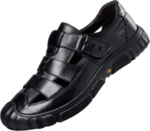 Men Leather Sandals Breathable Closed-Toe Sandals Waterproof Anti-Slip Outdoor Walking Summer Beach Hiking Shoes