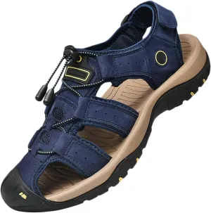 Men Leather Sandals Breathable Closed-Toe Waterproof Anti-Slip Outdoor Walking Hiking Sandals Summer Beach Shoes