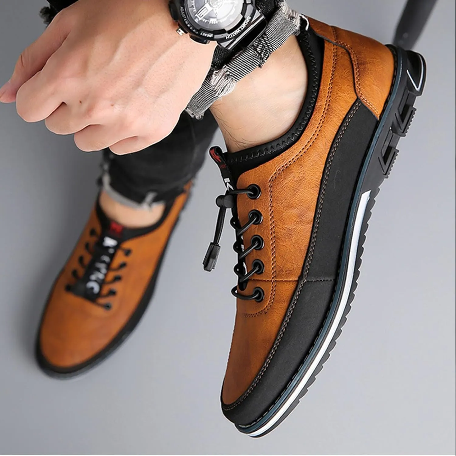 Mens Casual Leaher Sneakers Non Slip Flat Business Shoes with Arch Support Comfortable Business Leather Sneakers Lace up Office Work Sneaker Men Durable Waterproof Daily Work Shoes