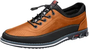 Mens Casual Leaher Sneakers Non Slip Flat Business Shoes with Arch Support Comfortable Business Leather Sneakers Lace up Office Work Sneaker Men Durable Waterproof Daily Work Shoes