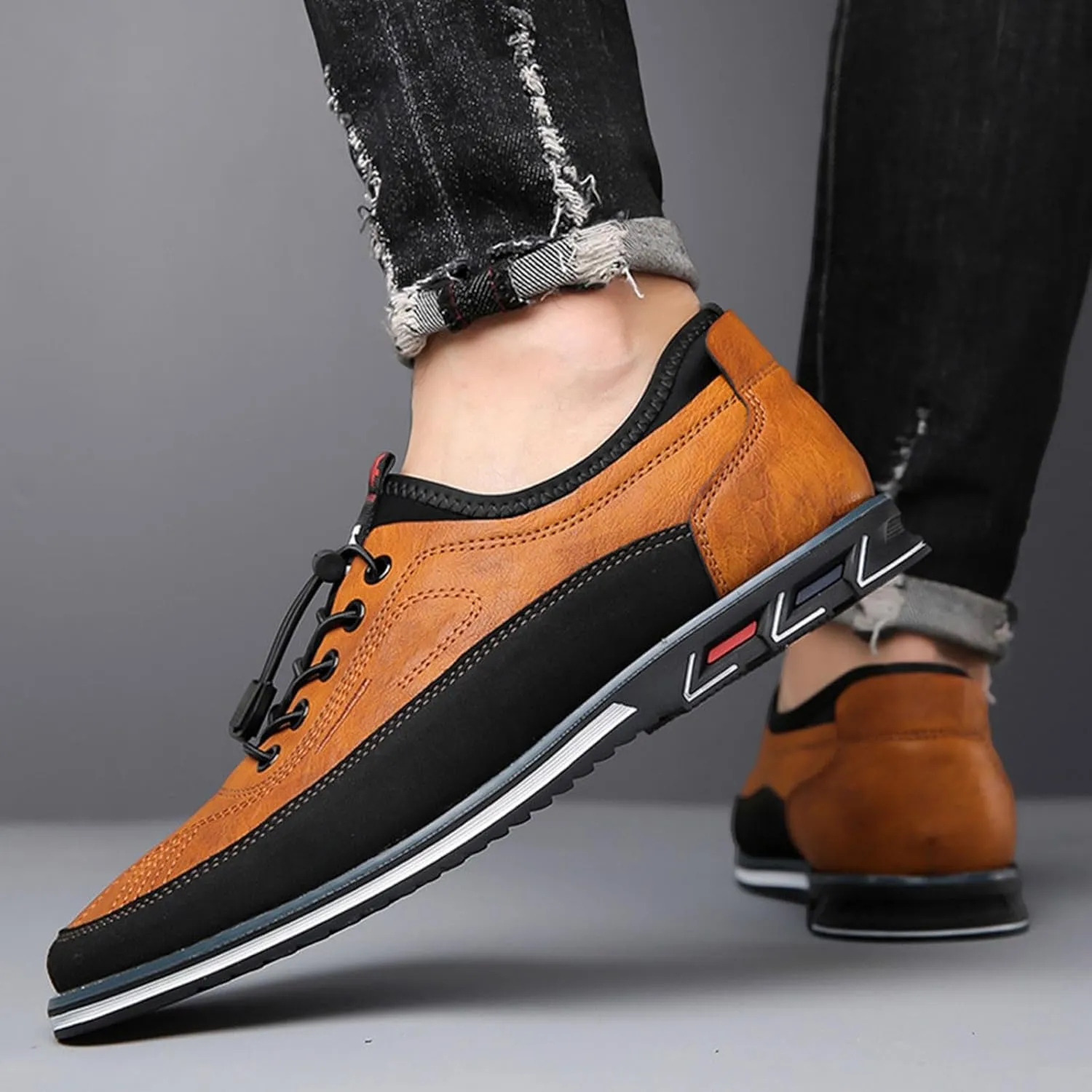 Mens Casual Leaher Sneakers Non Slip Flat Business Shoes with Arch Support Comfortable Business Leather Sneakers Lace up Office Work Sneaker Men Durable Waterproof Daily Work Shoes
