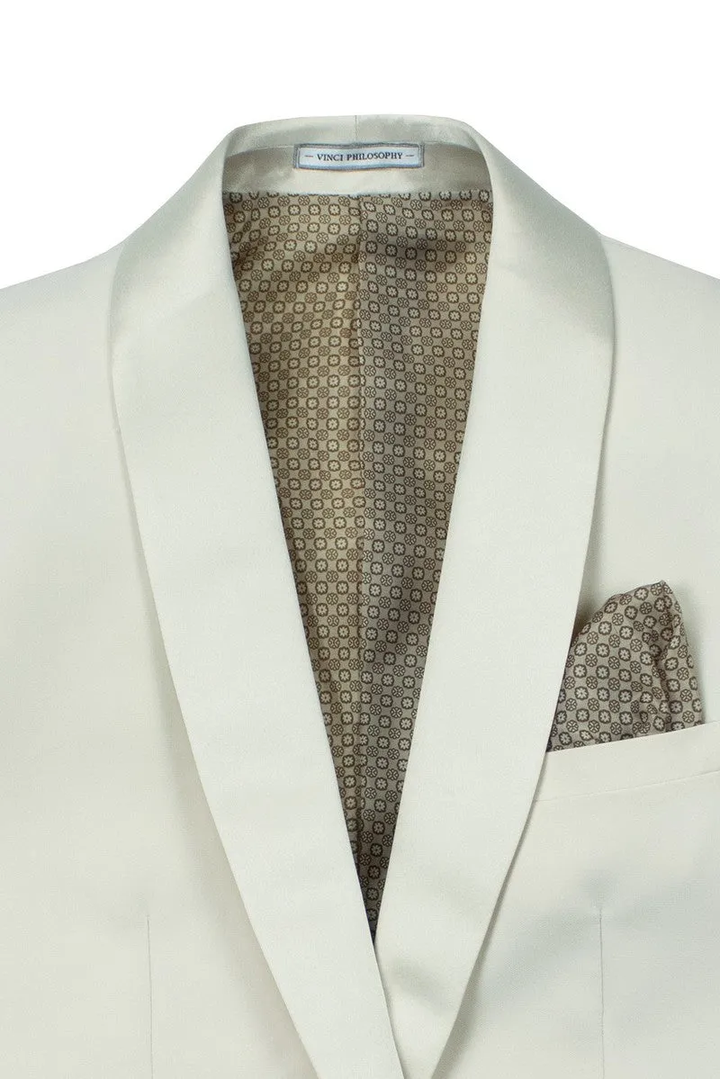 Men’s Champagne Satin Lapel Tuxedo – Slim Fit 2-Piece Suit for Weddings & Formal Events