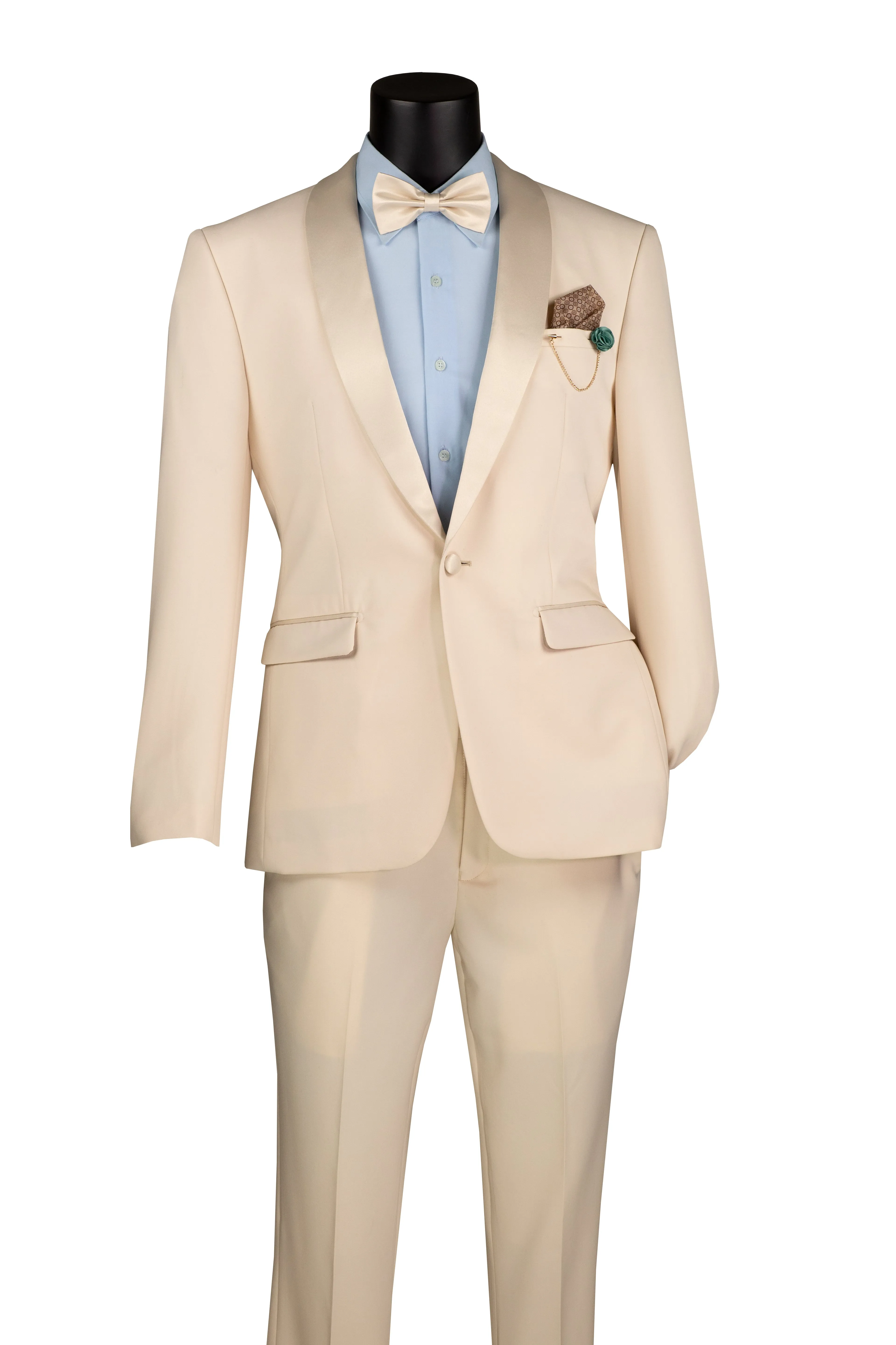 Men’s Champagne Satin Lapel Tuxedo – Slim Fit 2-Piece Suit for Weddings & Formal Events
