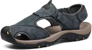 Mens Leather Sandals Outdoor Hiking Sandals Waterproof Athletic Sports Sandals Fisherman Beach Shoes Closed Toe Water Sandals