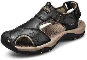 Mens Leather Sandals Outdoor Hiking Sandals Waterproof Athletic Sports Sandals Fisherman Beach Shoes Closed Toe Water Sandals
