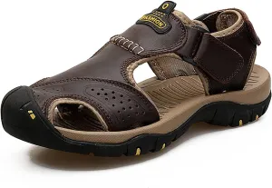 Mens Leather Sandals Outdoor Hiking Sandals Waterproof Athletic Sports Sandals Fisherman Beach Shoes Closed Toe Water Sandals