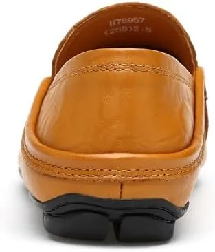 Mens Loafers Shoe Round Toe Leather Perforated Moccasins Loafer Shoes Anti-Slip Slip Resistant Flat Heel Classic Walking Slip-ons