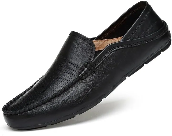 Mens Loafers Shoe Round Toe Leather Perforated Moccasins Loafer Shoes Anti-Slip Slip Resistant Flat Heel Classic Walking Slip-ons