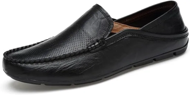 Mens Loafers Shoe Round Toe Leather Perforated Moccasins Loafer Shoes Anti-Slip Slip Resistant Flat Heel Classic Walking Slip-ons