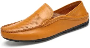 Mens Loafers Shoe Round Toe Leather Perforated Moccasins Loafer Shoes Anti-Slip Slip Resistant Flat Heel Classic Walking Slip-ons