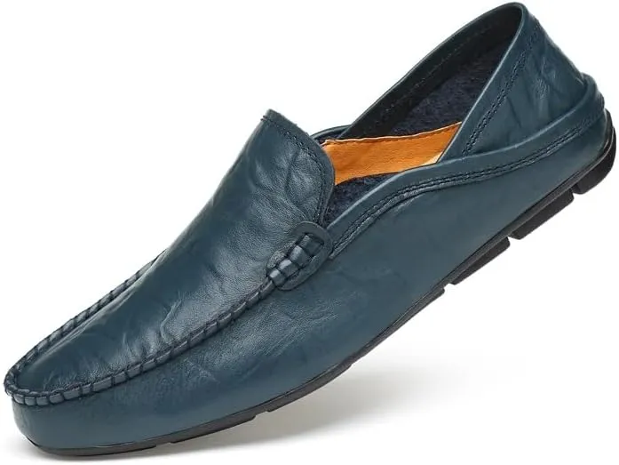 Mens Loafers Shoe Round Toe Leather Perforated Moccasins Loafer Shoes Anti-Slip Slip Resistant Flat Heel Classic Walking Slip-ons