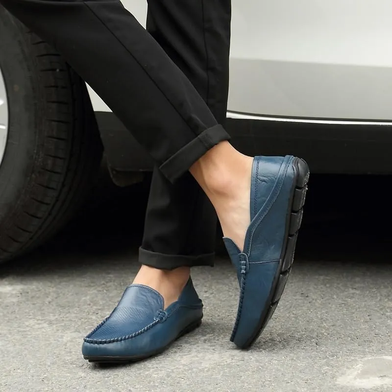 Mens Loafers Shoe Round Toe Leather Perforated Moccasins Loafer Shoes Anti-Slip Slip Resistant Flat Heel Classic Walking Slip-ons