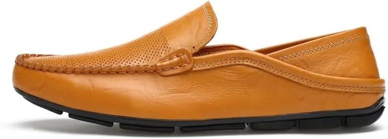 Mens Loafers Shoe Round Toe Leather Perforated Moccasins Loafer Shoes Anti-Slip Slip Resistant Flat Heel Classic Walking Slip-ons