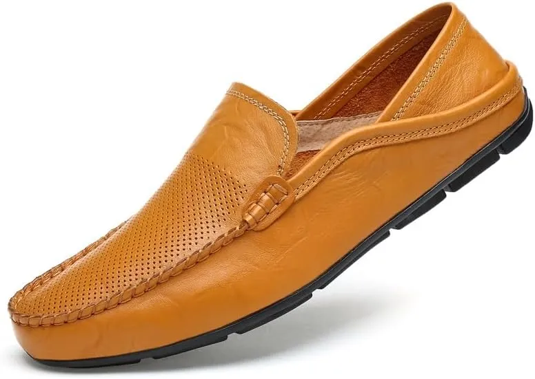 Mens Loafers Shoe Round Toe Leather Perforated Moccasins Loafer Shoes Anti-Slip Slip Resistant Flat Heel Classic Walking Slip-ons