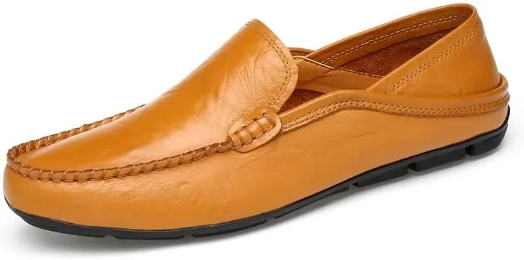 Mens Loafers Shoe Round Toe Leather Perforated Moccasins Loafer Shoes Anti-Slip Slip Resistant Flat Heel Classic Walking Slip-ons