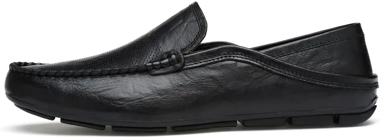 Mens Loafers Shoe Round Toe Leather Perforated Moccasins Loafer Shoes Anti-Slip Slip Resistant Flat Heel Classic Walking Slip-ons
